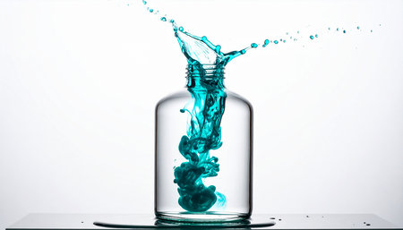 Colorful ink splashing out of a glass bottle on white backgroundの素材