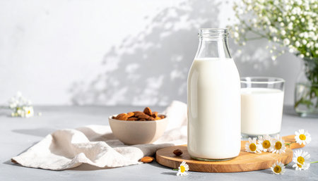 Bottle of milk with almond nuts and flowers on a light backgroundの素材