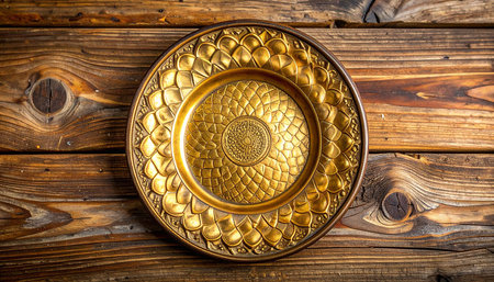 Vintage gold plate on rustic wooden background. Top view.の素材