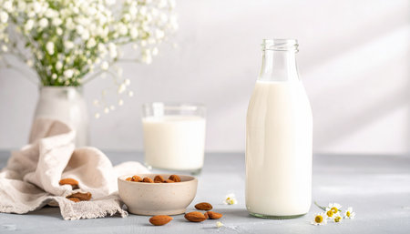 Almond milk in a glass bottle with almonds on a light backgroundの素材