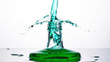 green paint splashing out of a bottle, isolated on white backgroundの素材