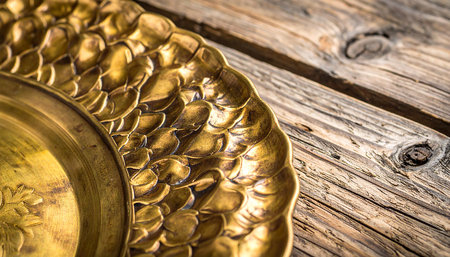 Vintage brass plate on a wooden table. Selective focus.の素材