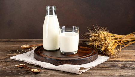 Milk in a bottle and glass on a brown wooden background.の素材