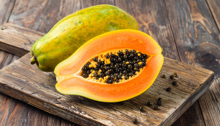 Papaya fruit on a wooden board. Healthy food background.の素材