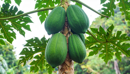 Papaya fruit on papaya tree in the garden, Thailand.の素材