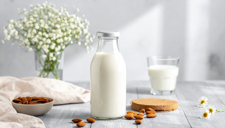 Almond milk in a glass bottle and almond cookies on a wooden tableの素材
