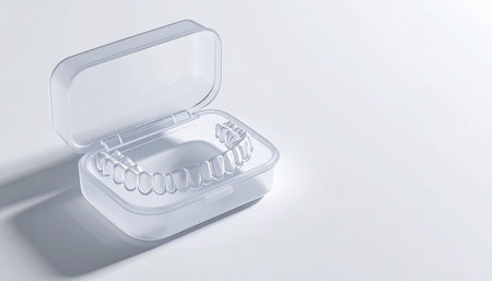 Dental braces in plastic case on white background. 3D renderingの素材