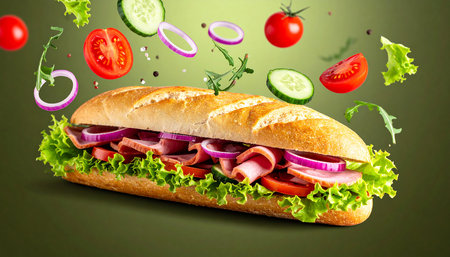 Healthy sandwich with flying ingredients and flying vegetables on green background.の素材