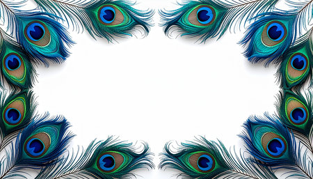 Peacock feathers frame on white background. Vector illustration for your design.の素材