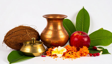 Indian Festival Dussehra, green leaf, red apple and coconutの素材