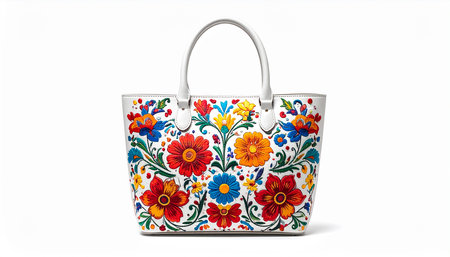 Woman's handbag with floral pattern isolated on a white background.の素材