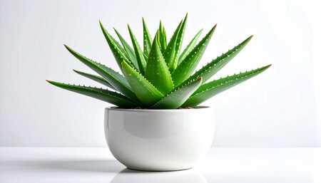 Aloe vera plant in white pot on white background, close upの素材