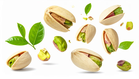 Pistachio nuts with green leaves isolated on white background.の素材