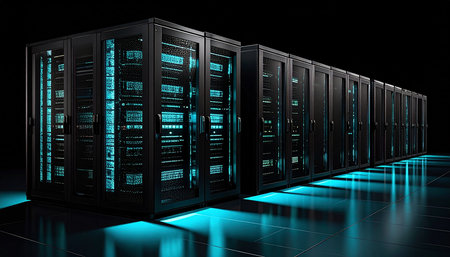 Server racks in internet data center. 3d render. Technology conceptの素材