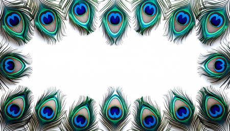 Peacock feathers frame isolated on white background. Top view.の素材