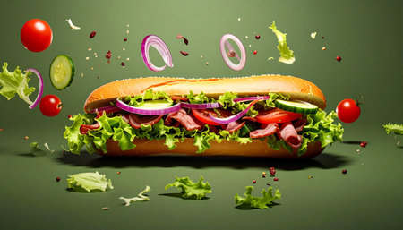 Delicious hot dog with flying ingredients on green background. Fast food conceptの素材