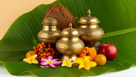 Indian Festival Dussehra, green leaf and utensilsの素材