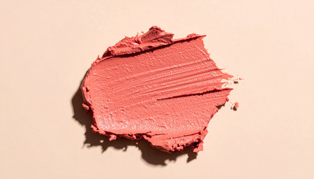Pink lipstick on a beige background. Top view, flat layの素材