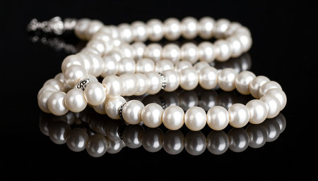 Pearl necklace on a black background with reflection. Jewelry and accessories.の素材