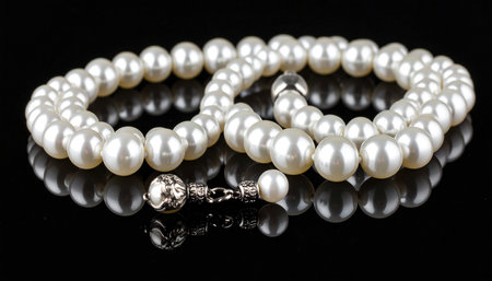 Pearl necklace on a black background with reflection. Studio shot.の素材