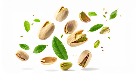 Flying pistachios with green leaves isolated on white background, clipping path includedの素材