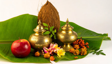 Rangoli, apples and coconut oil on a white background.の素材