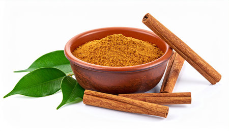 Cinnamon sticks and powder in a clay bowl isolated on white backgroundの素材