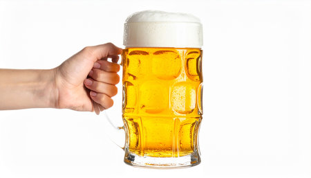 Female hand holding a beer mug with foam isolated on white background.の素材