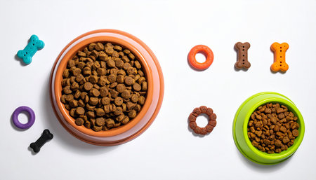 Dog food in bowl and toys on white background. Top view.の素材