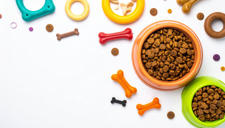 Dog food in bowl and toys on white background. Top view.の素材