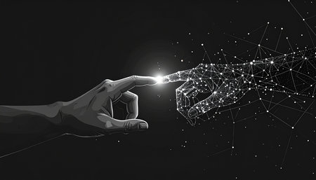 Abstract polygonal human hand touching on a black background. Technology concept.の素材