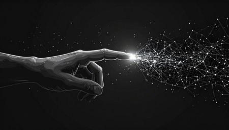 Human hand touching virtual screen with connection lines and dots. 3D renderingの素材