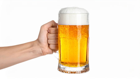 Hand holding a glass of beer isolated on a white background with clipping pathの素材