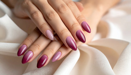 Female hands with pink nail design. Glitter pink nail polish manicure.の素材