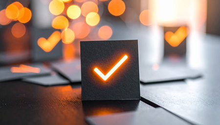 Check mark on a black business card with bokeh light backgroundの素材