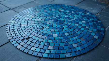 Blue ceramic mosaic tiles on the floor in the park. Selective focus.の素材