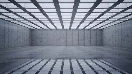 3D rendering of an empty room with white walls and floor tilesの素材