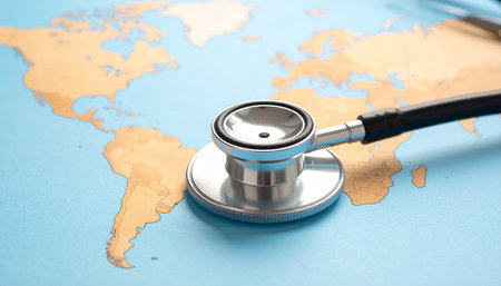 Stethoscope on world map background. Health care and medical conceptの素材