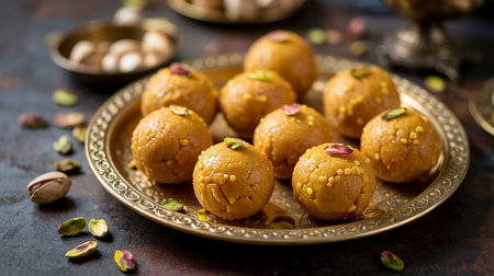 Indian Traditional Sweet Rava Laddu or Semolina Laddoo Or Rawa Ladu, a popular sweet dish from Maharashtra, Indiaの素材