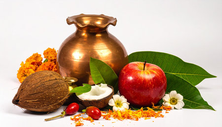 Indian Festival Dussehra, showing golden apple, coconut and flowers on white backgroundの素材