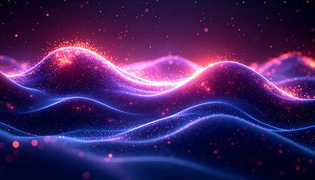 3d render, abstract background with glowing particles, waves, lines and lightsの素材