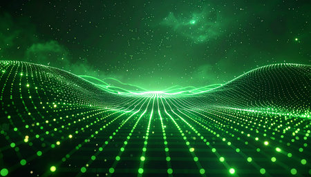 3d rendering of abstract digital landscape with bright lights and glowing particlesの素材