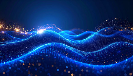 Abstract digital wave with particles. Futuristic wave background. Vector illustration.の素材
