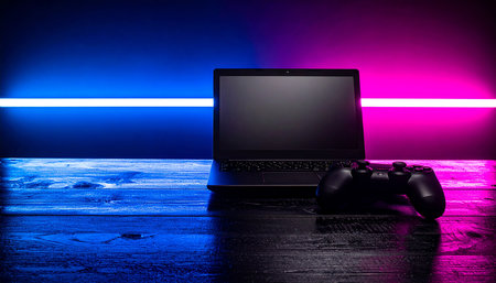 Laptop and Gamepad on wooden table with neon light background.の素材