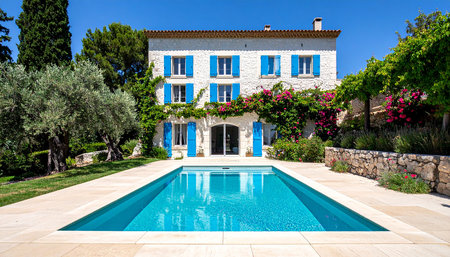 Beautiful villa with swimming pool and garden on sunny summer dayの素材