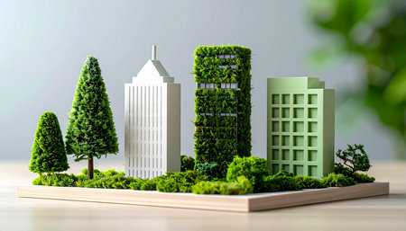 Miniature city with trees and grass on wooden table. 3d illustrationの素材
