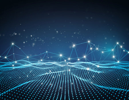 Abstract blue digital landscape with glowing nodes and connecting lines against a dark background.の素材