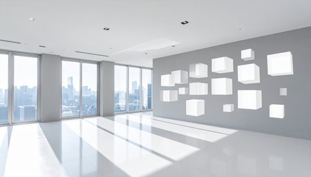 Interior of a modern office with white walls, white floor and large windowsの素材