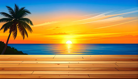 Wooden deck on the beach at sunset background. Vector illustration.の素材