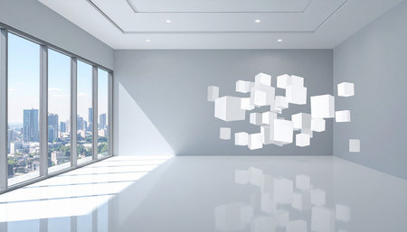 Abstract cube shape in white interior with city view. 3D renderingの素材